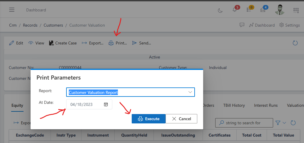 image showing customer valuation print modal box with print details