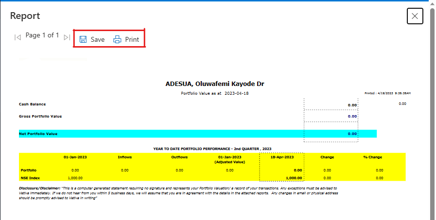 image showing customer valuation print preview and save/print button