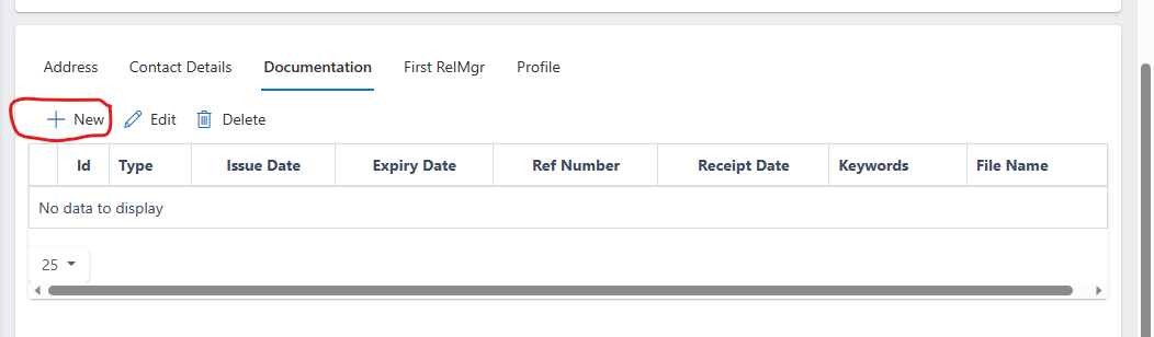 image showing new button to add document