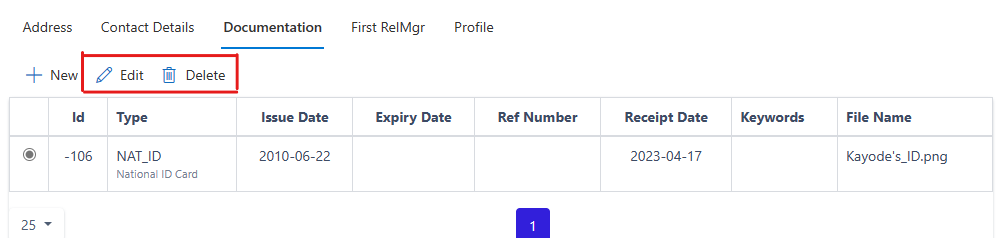 image showing edit and delete buttons for customer documentation