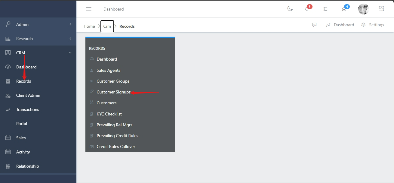 Customer Signup Navigation