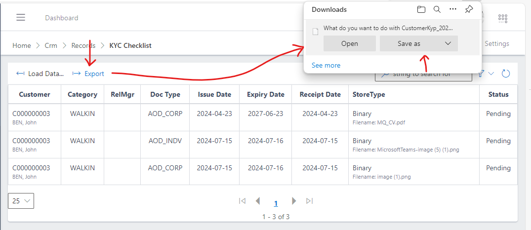 Kyc checklist export button and download view