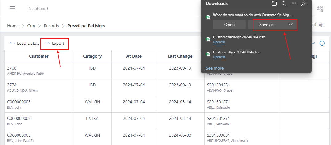 prevailing relationship managers export button and download view