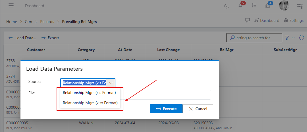 prevailing relationship managers data upload excel formats