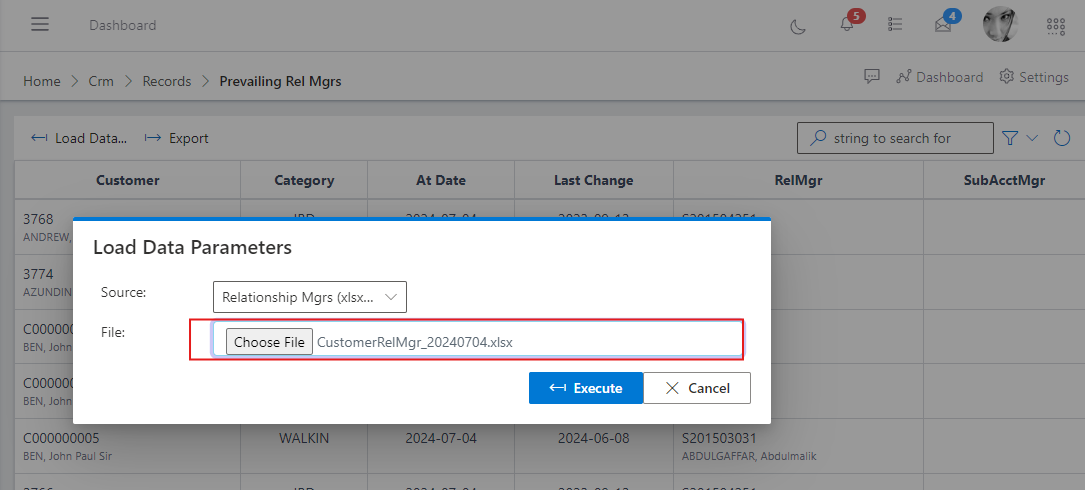 prevailing relationship managers export button and download view