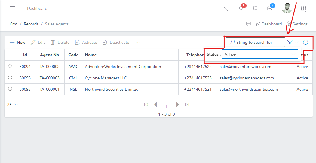 Search and filter menu