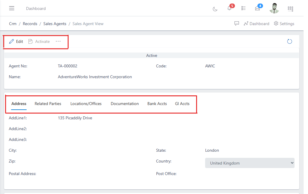 sales agent's Information view