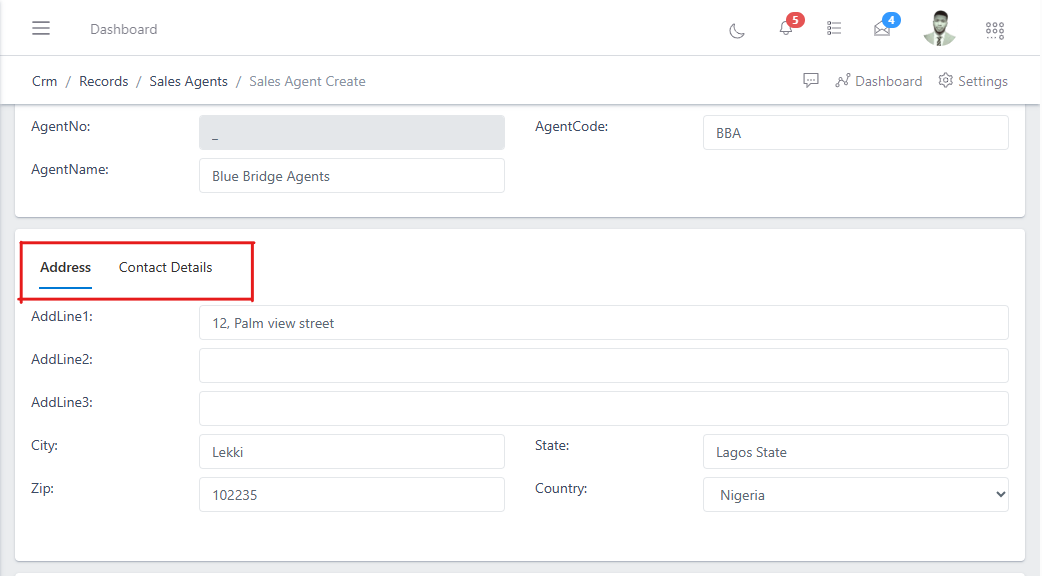 image showing address tab