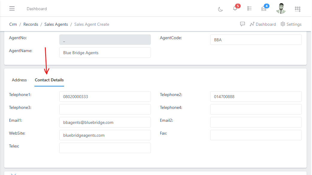 sales agent contact details form