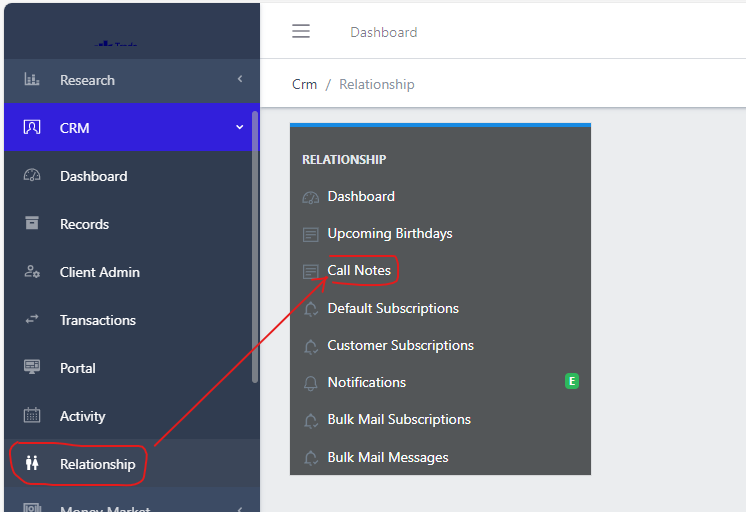 Call note navigation menu