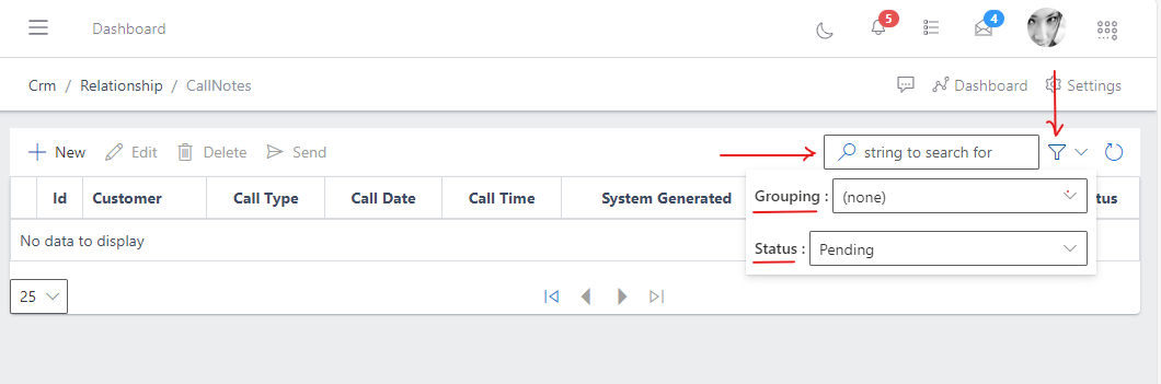 Filter and search function for call notes
