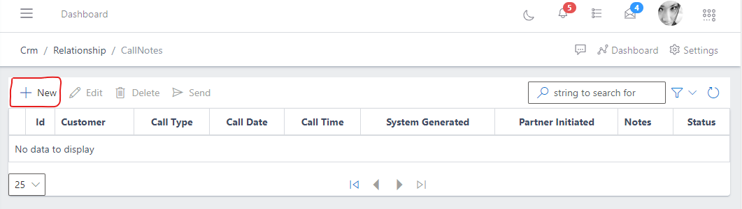 image highlighting new button to create new call note