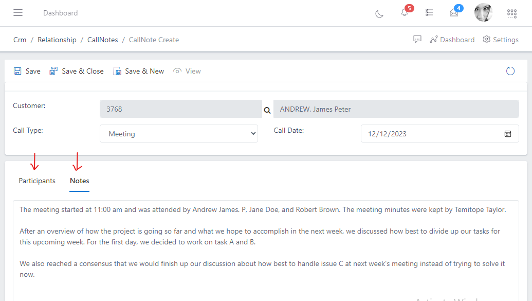 image showing showing completed call note form