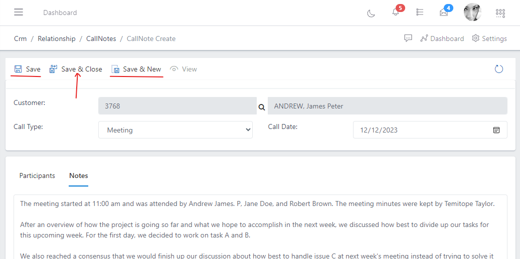 image showing buttons to save call notes