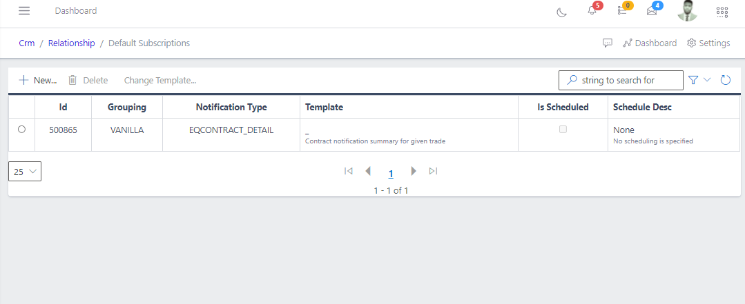 image showing list of created default subcriptions