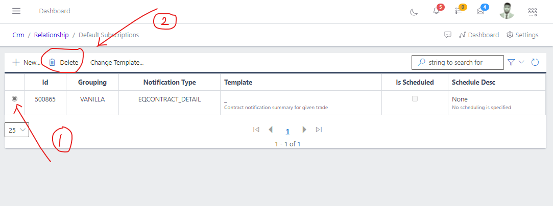 image showing how to delete default subscription template