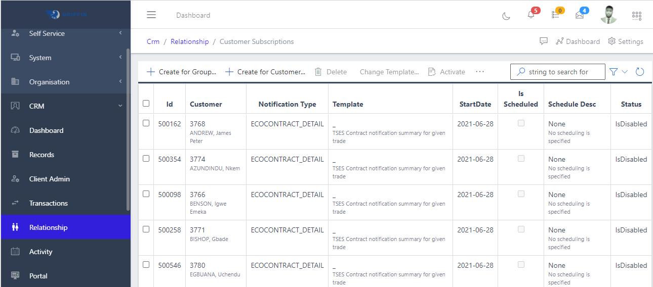 Customer Subscription page