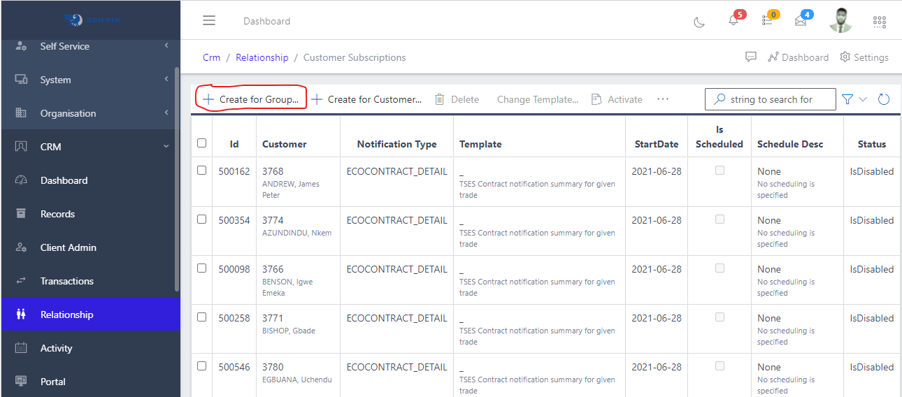 image showing creation of a new customer subscription group button