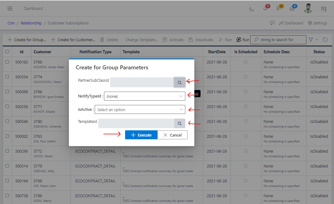 Image showing form parameters to create a customer subscription group