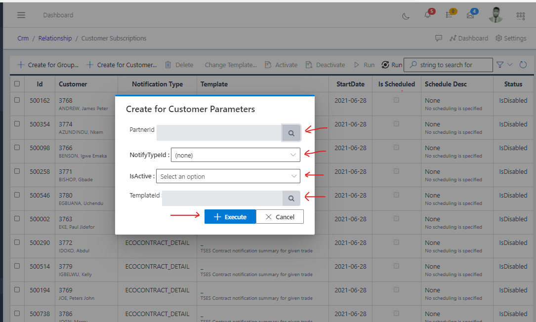 image showing parameters to create a customer subscription