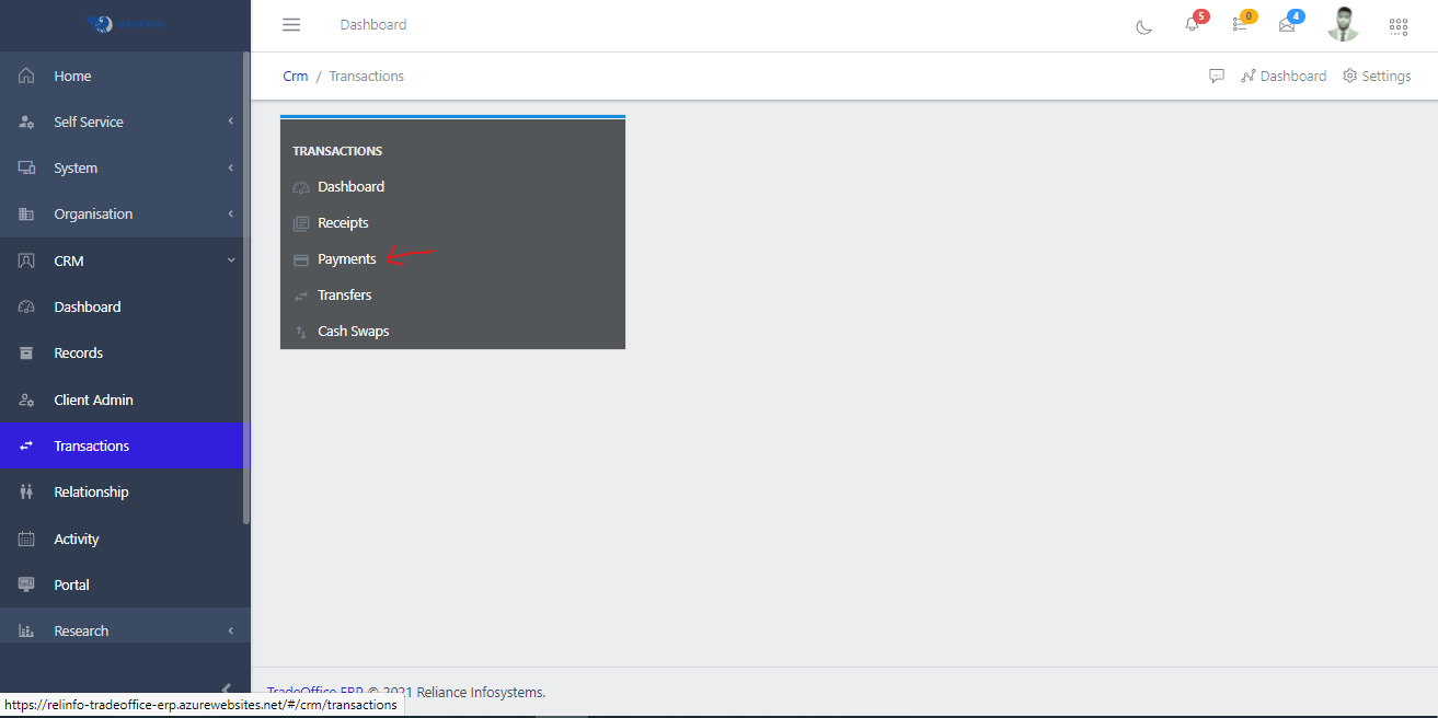 Payment navigation through CRM Module