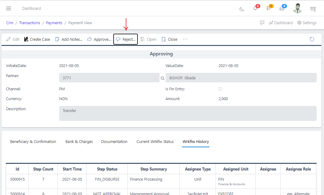 image showing reject button