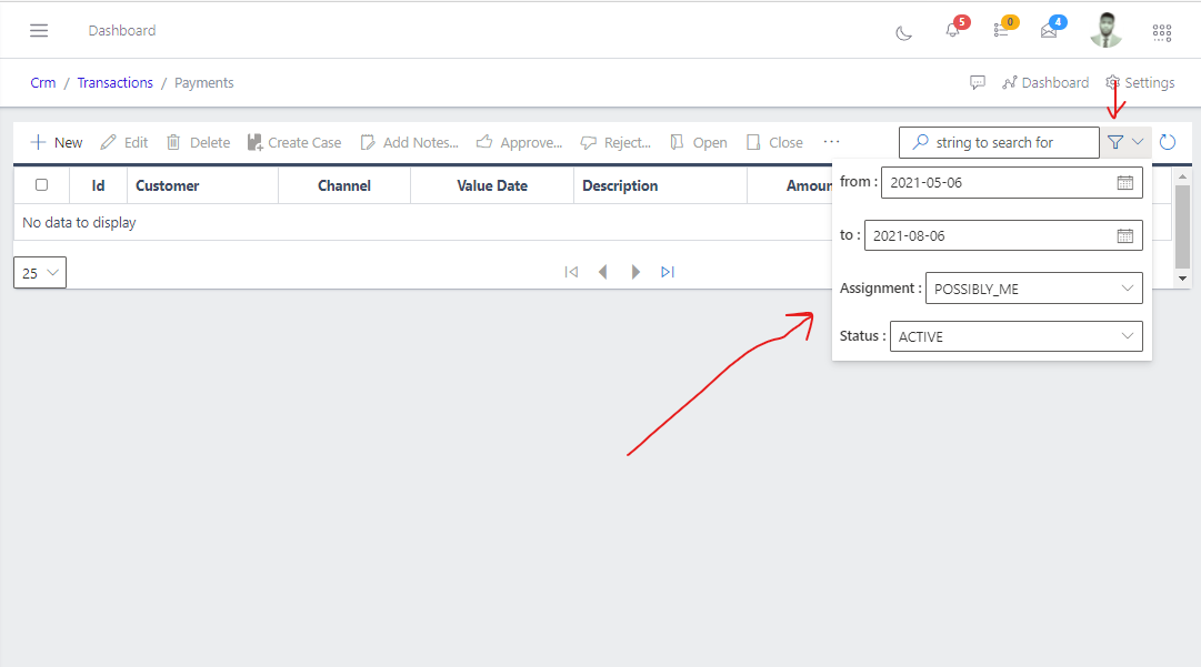 image showing filter button anfd options