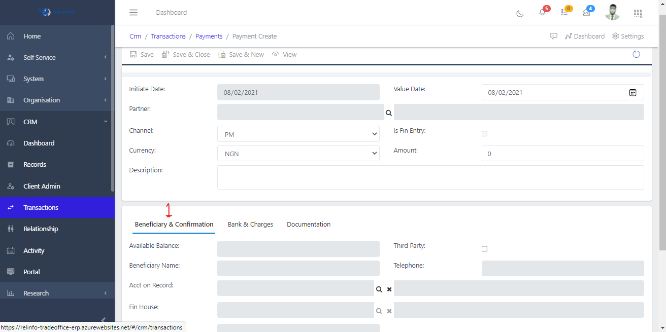 Create new payment form