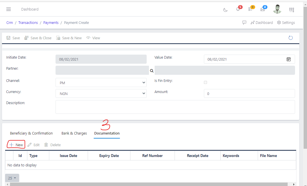 Create new payment form
