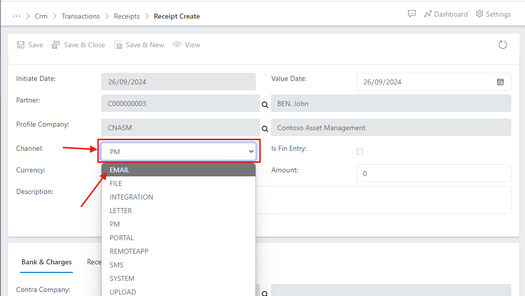 dropdown showing list of channel options