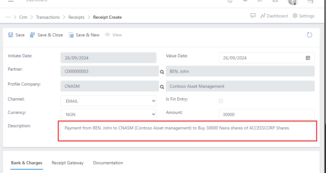 Fig.14 Showing description field with partner instructions