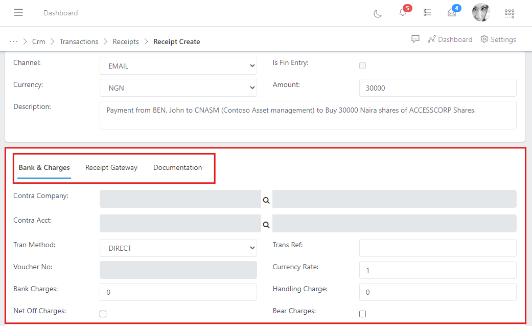 Fig.15 Showing section to setup bank & Charges, Payment gateway and documentation