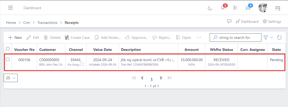 Fig 2 Showing receipts table
