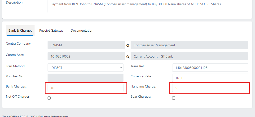 Fig.24 showing Bank charges & handling charges input field