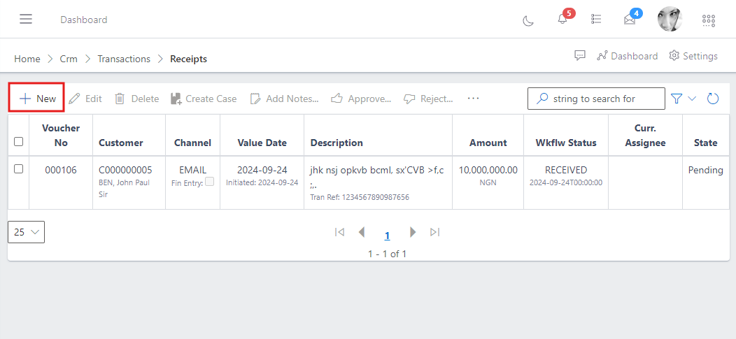Fig 3 Showing the new button for creating a new receipt