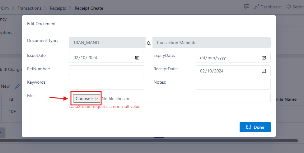 Fig.33 showing 'choose file' button to select a document