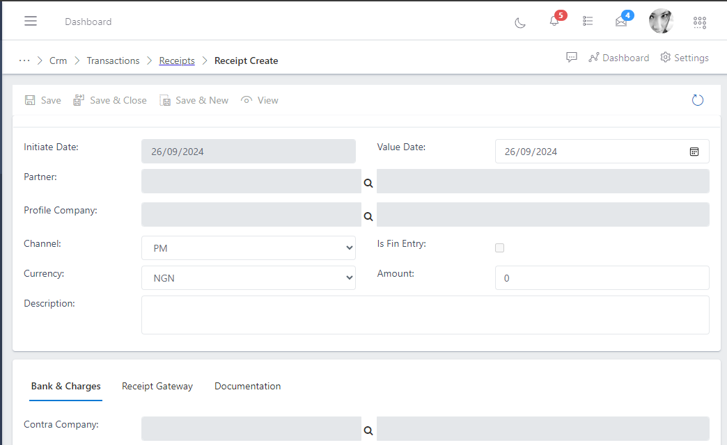 Fig 4 Showing receipt creation form
