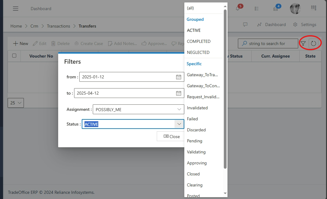 Search and filter menu