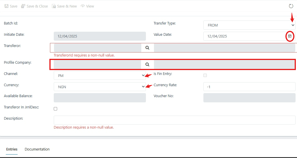 image showing transfers creation form