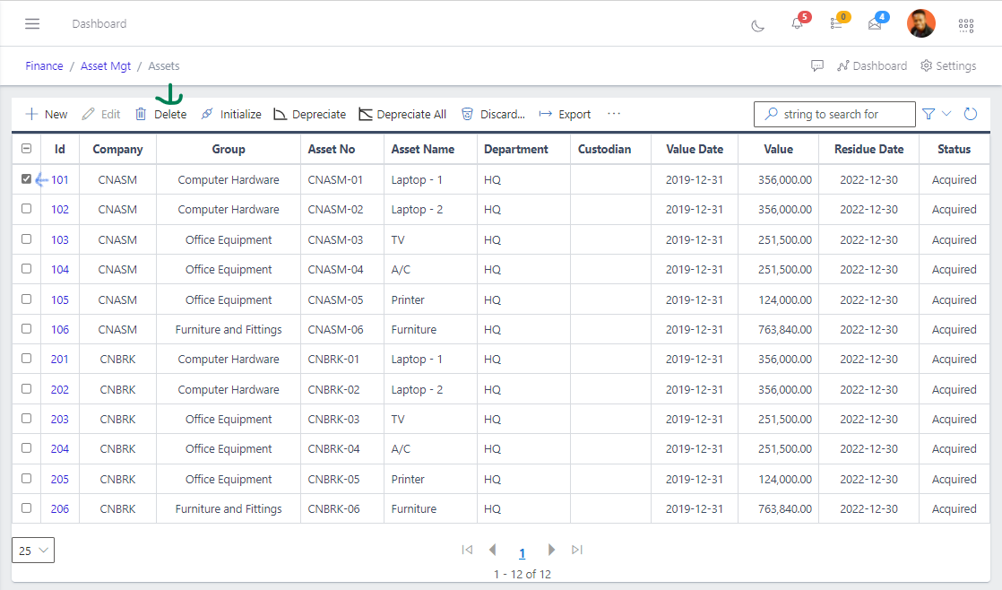 Fig 9 Deleting Asset Register