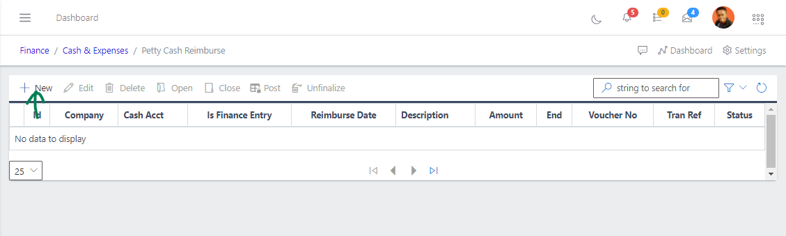 Fig 4 Clicking New Button to Create a New Cash Reimburse