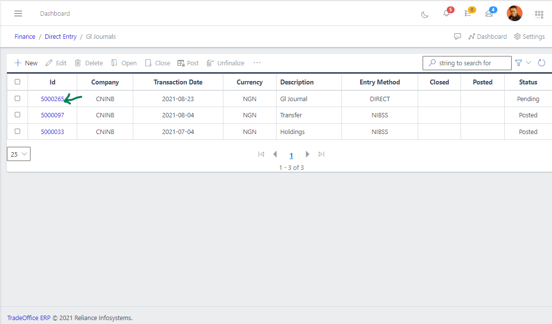 Fig 6 Viewing GL Journal