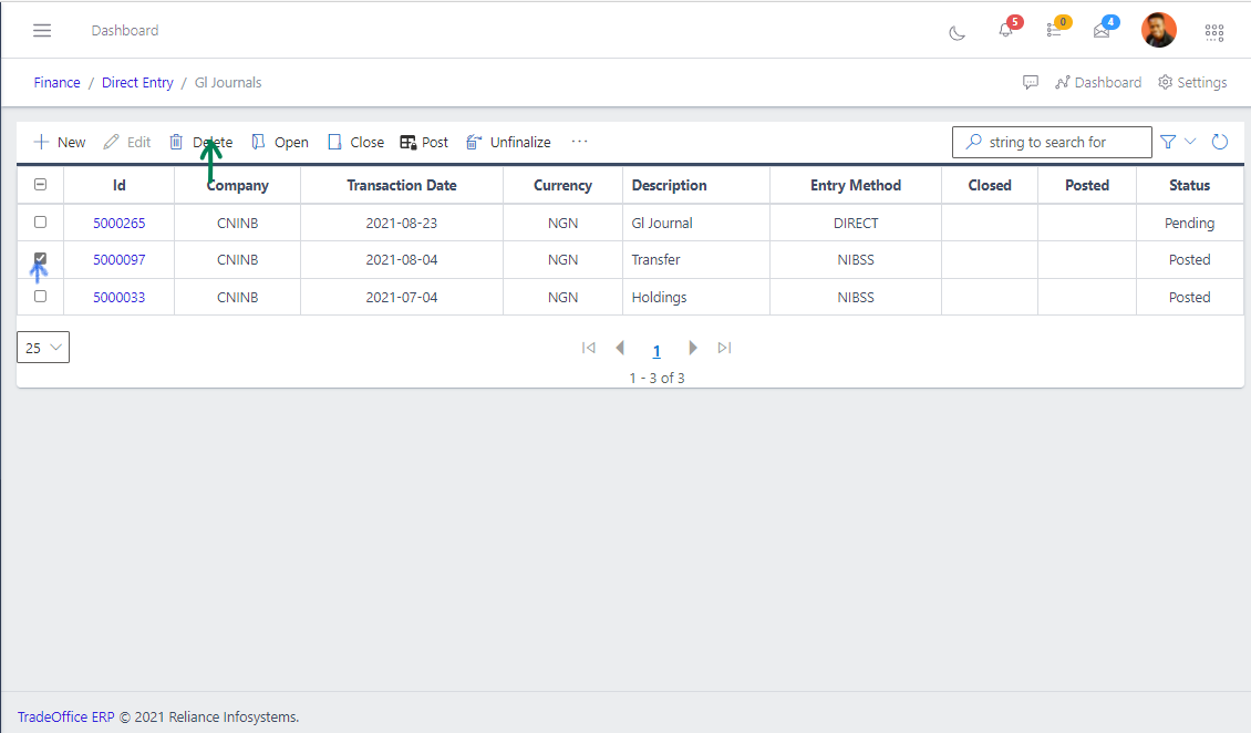 Fig 8 Deleting GL Journal