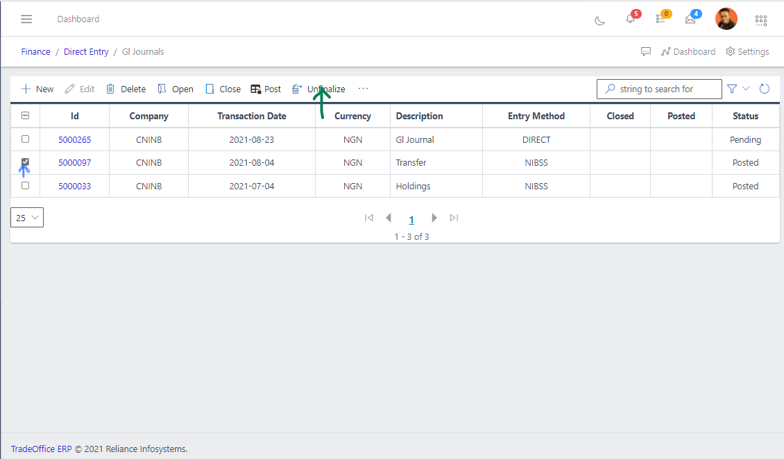 Fig 11 Unfinalizing GL Journal