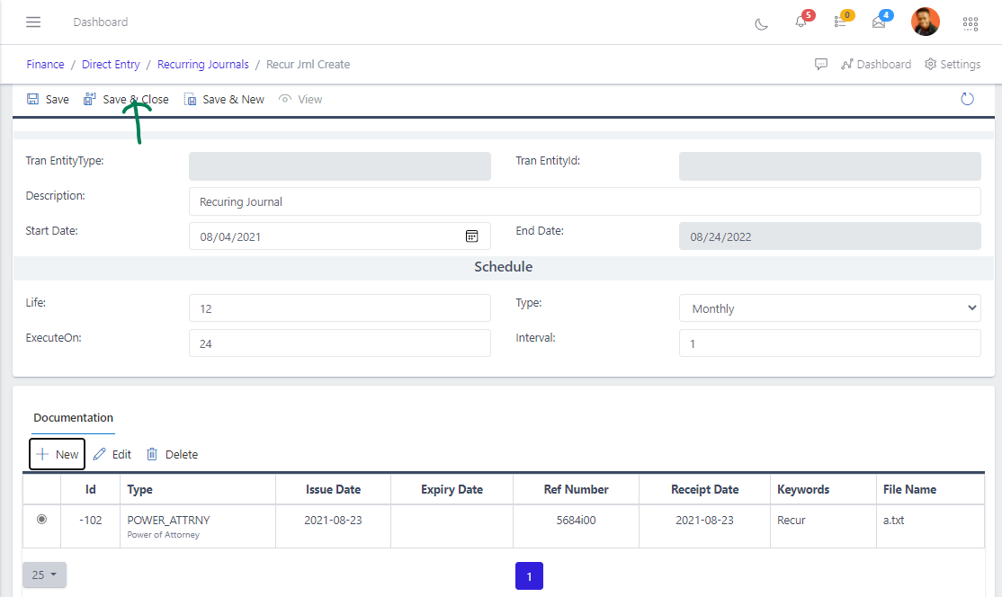 Fig 5 Saving Recuring Journal