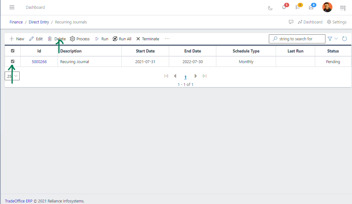 Fig 8 Deleting Recuring Journal