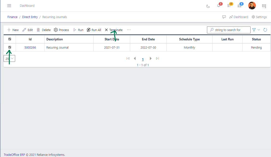 FIG 12 Terminate Recuring Journal