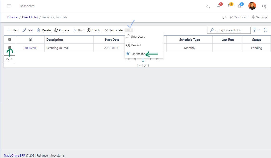 FIG 15 Unfinalise Recuring Journal