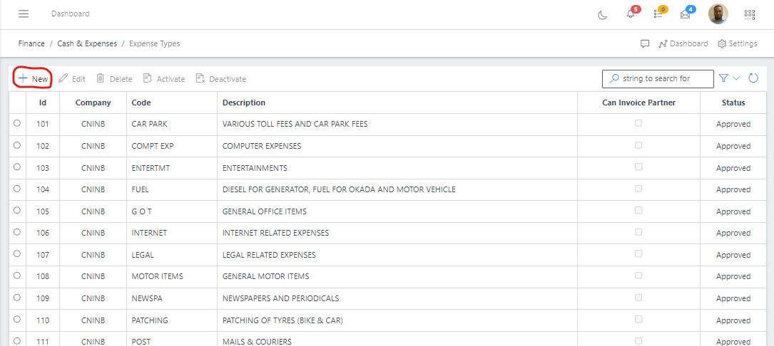 Fig 3.0 Creating Expense Types