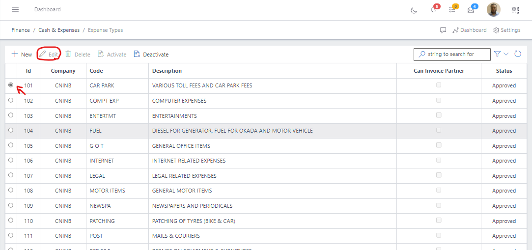 Fig 5.0 Editing Expense Types